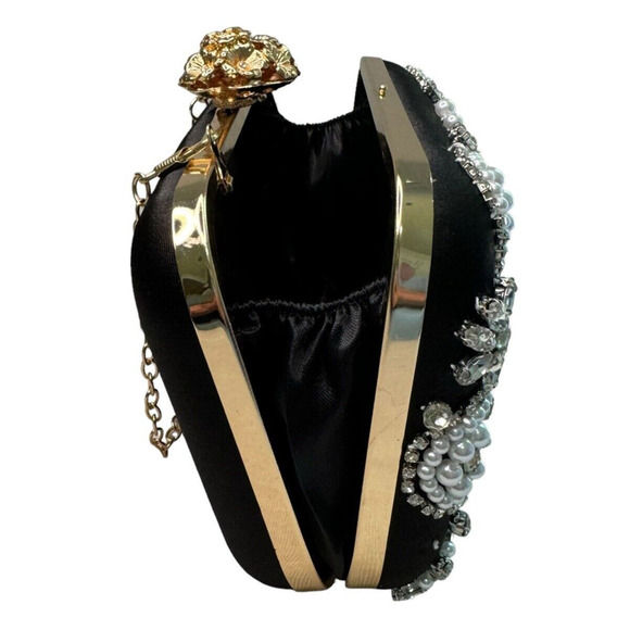 Black Satin Multi Rhinestone and Pearl Accent Clutch Purse Evening Bag - Picture 8 of 9